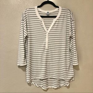 White/Black Striped V-Neck Tunic/ Long Sleeve Top